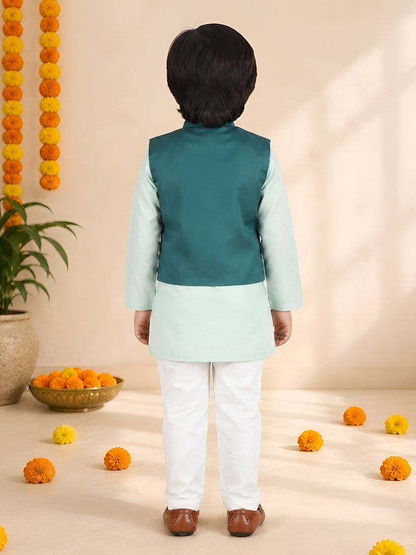 Polka Tots Full sleeves Lotus Embroidery Koti Kurta Pyjama - Green