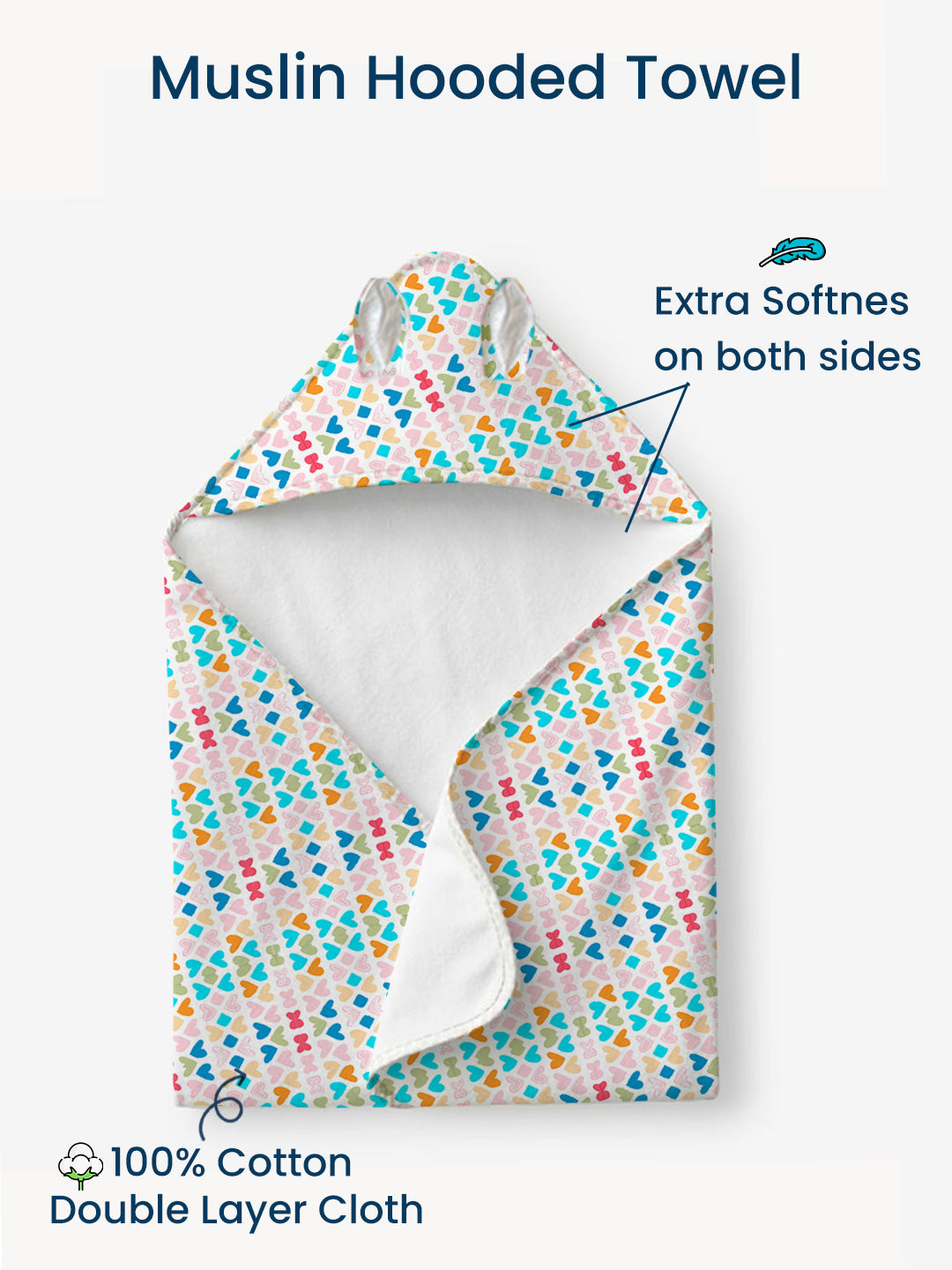 Polka Tots 100% Soft Muslin Cotton 2-Layer Hooded Baby Towel with Ear Appliqué - Mini Hearts Print