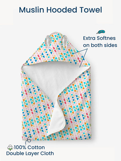 Polka Tots 100% Soft Muslin Cotton 2-Layer Hooded Baby Towel with Ear Appliqué - Mini Hearts Print
