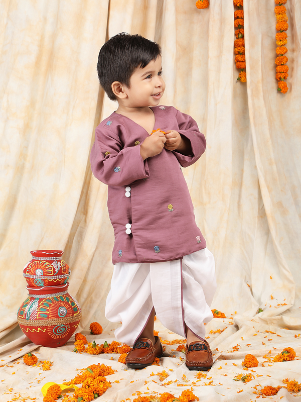 Polka Tots Full sleeves Flower Embroidery Angrakha With Dhoti Set - Turkish Rose