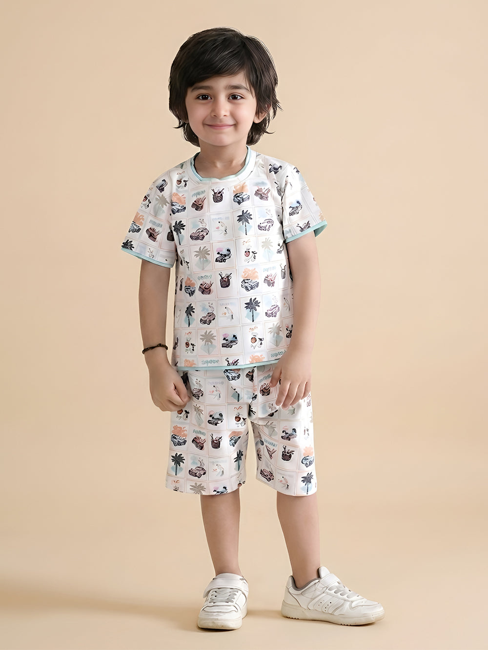 Polka Tots Half Sleeves Tropical Print T-Shirt Shorts - White