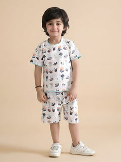 Polka Tots Half Sleeves Tropical Print T-Shirt Shorts - White