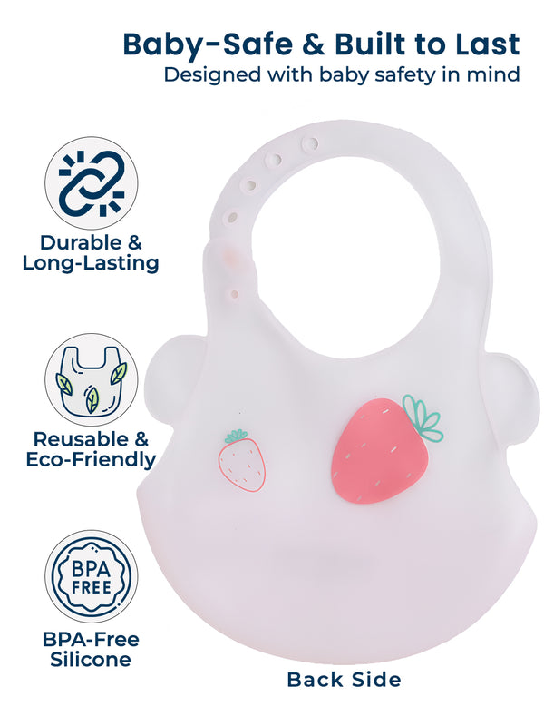 Polka Tots Waterproof Silicone Bibs with Pocket and Adjustable Snaps (Strawberry)