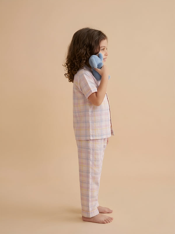 Polka Tots Half sleeves Checkered Night Suit - Pink/Blue