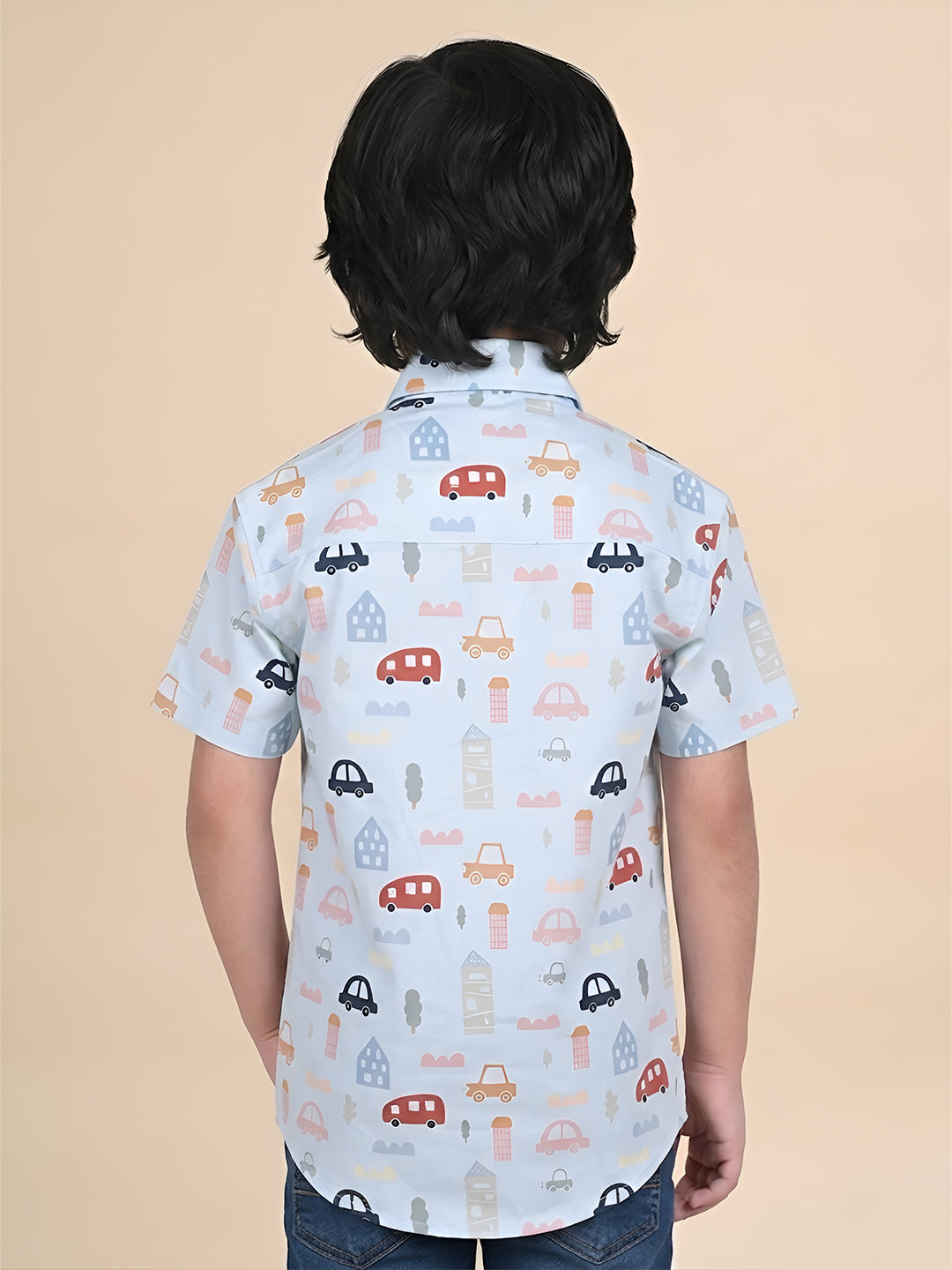 Polka Tots Half Sleeves Vehicles print Shirt - Blue