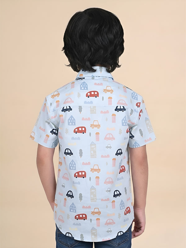 Polka Tots Half Sleeves Vehicles print Shirt - Blue