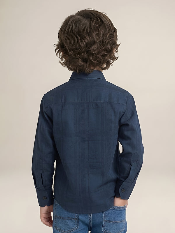 Polka Tots Full Sleeves Cotton self textured Shirt with Tie - Navy