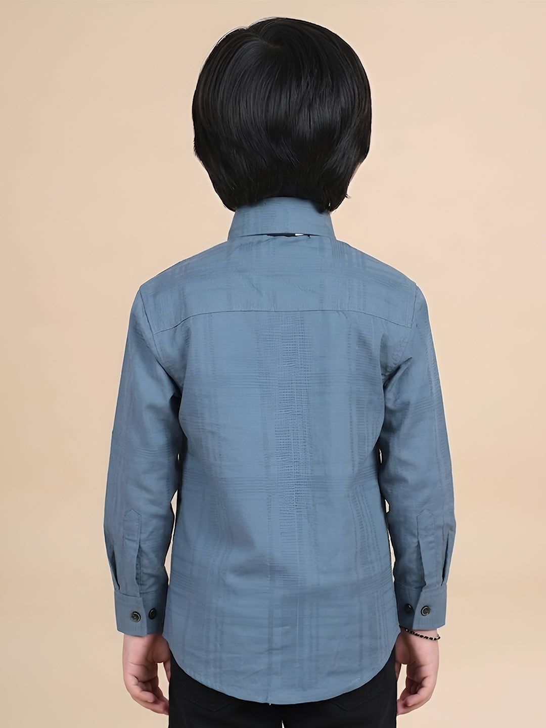 Polka Tots Full Sleeves Cotton self textured Shirt with Tie - Grey