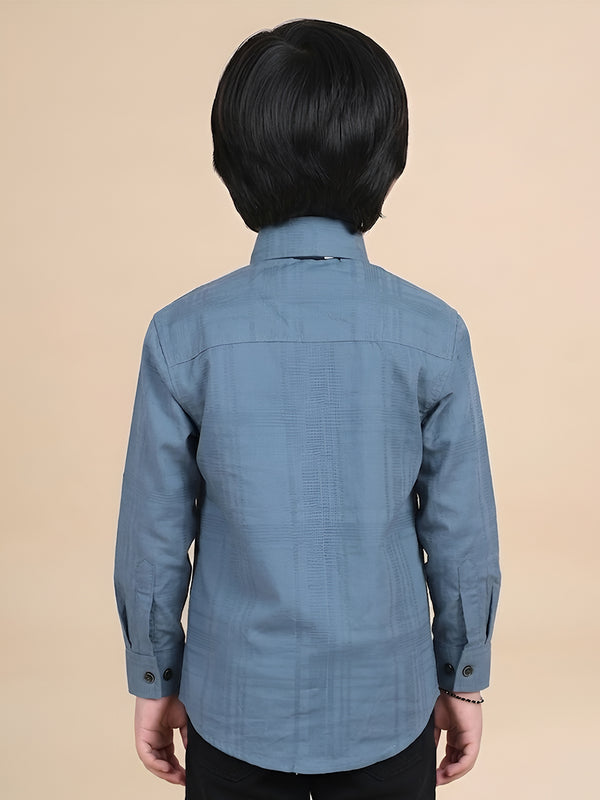Polka Tots Full Sleeves Cotton self textured Shirt with Tie - Grey