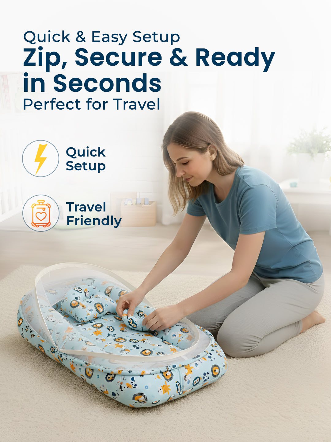 Woman setting up a baby travel nest with text highlighting quick setup and travel friendliness.