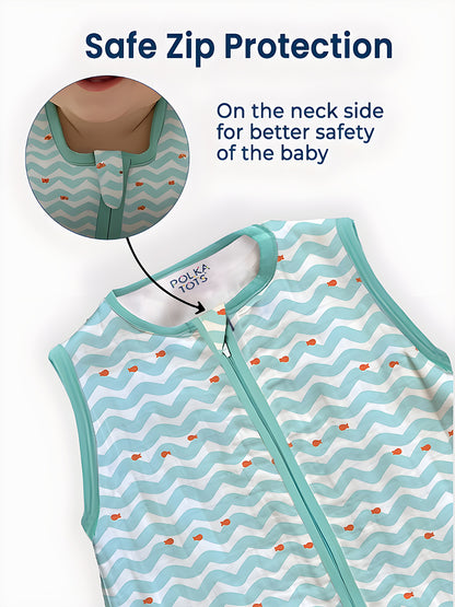 Polka Tots 100% Soft Cotton Wave Print Sleeping Bag with Cap - Blue