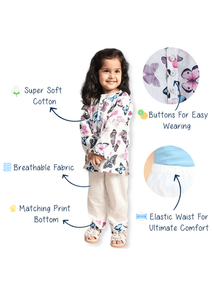 Polka Tots Butterfly print Full sleeves Nightwear Kurta pyjama set- White