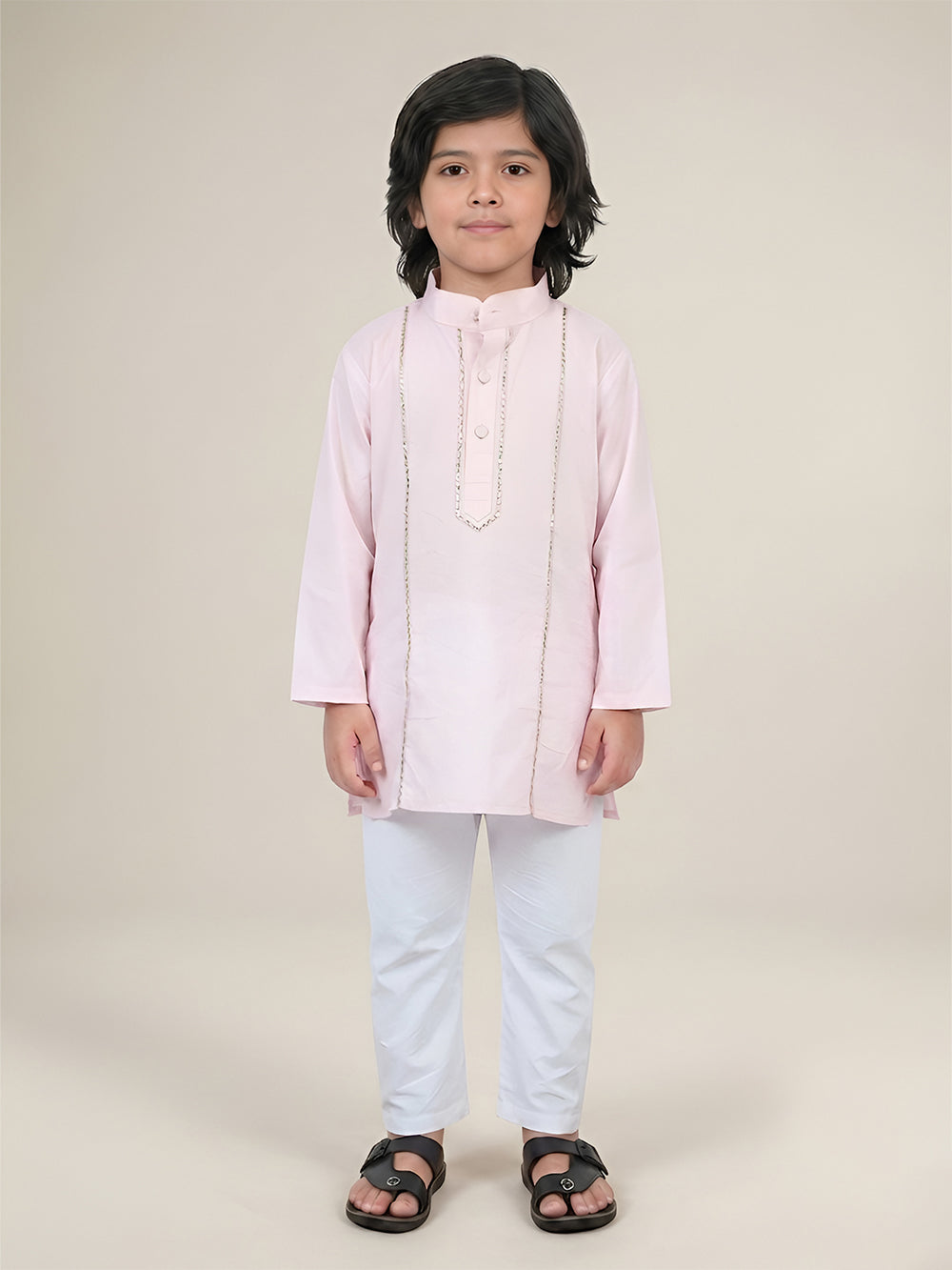 Polka Tots Full Sleeve Silver stripes Kurta Pyjama Set - Pink