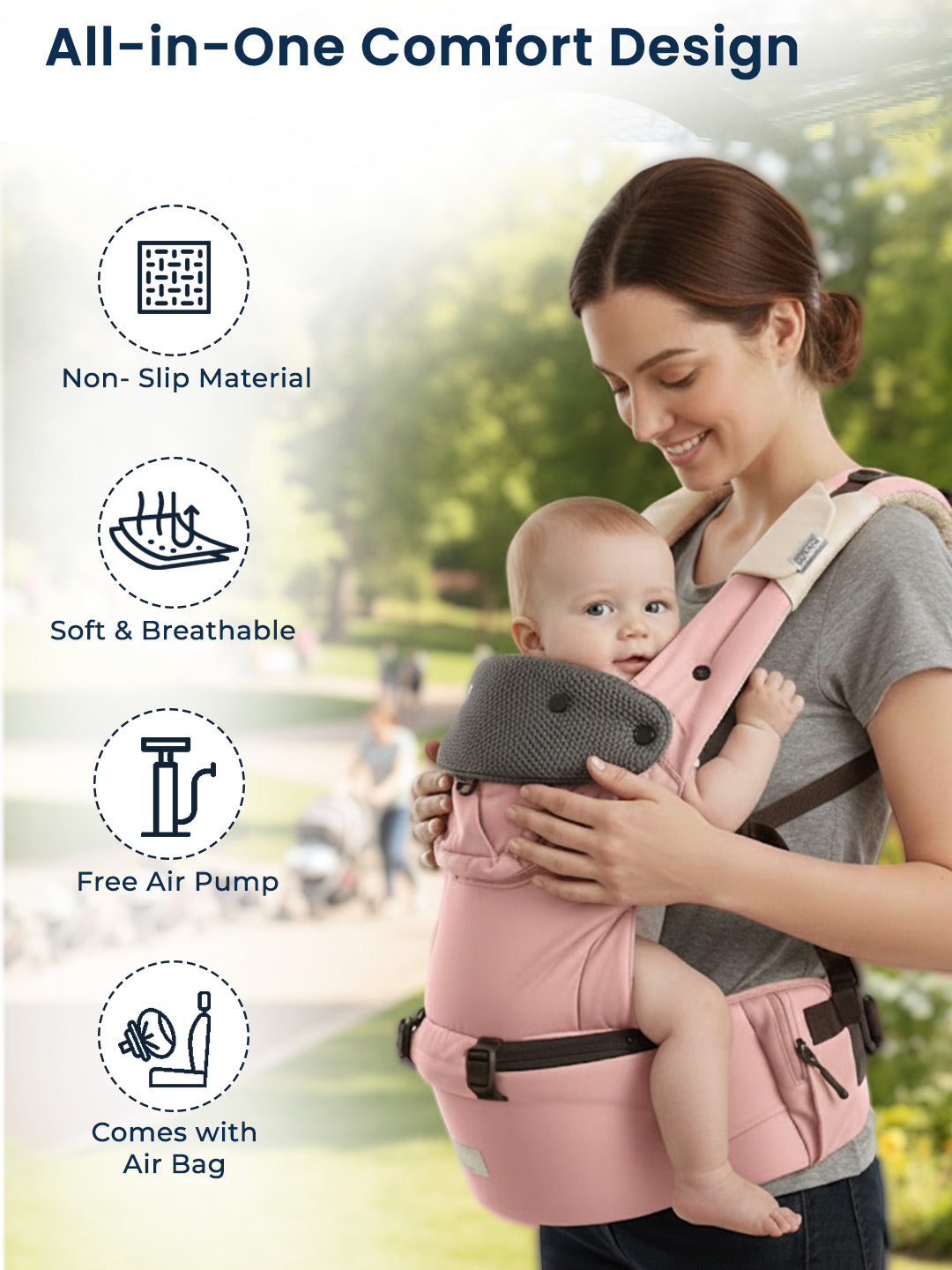 Woman carrying a baby in a pink baby carrier with text highlighting features.