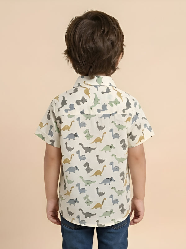 Polka Tots Half Sleeve Shirt Multi Color Dinosaur Print - White