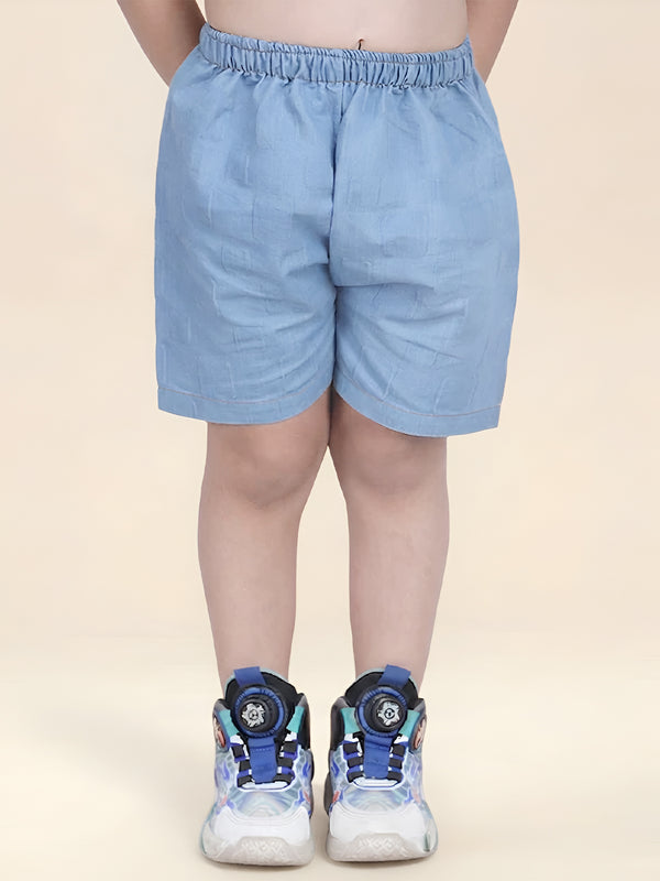 Polka Tots Half Sleeves Textured Denim co-ord set - Light Blue