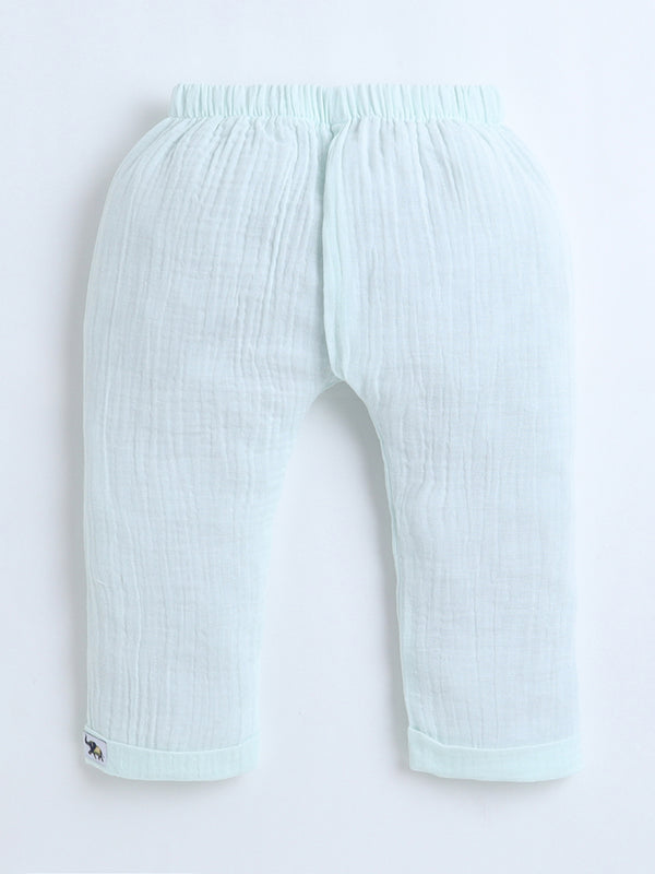 Polka Tots Crinkled Muslin Cotton Bear Pocket Patch Jhabla & Pant Set - Pastel green