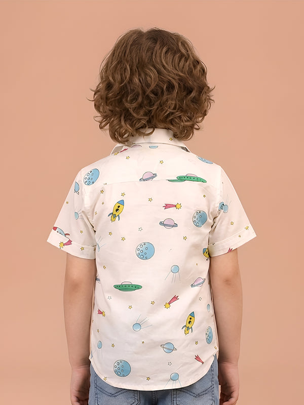 Polka Tots Half Sleeves Space print Shirt - White