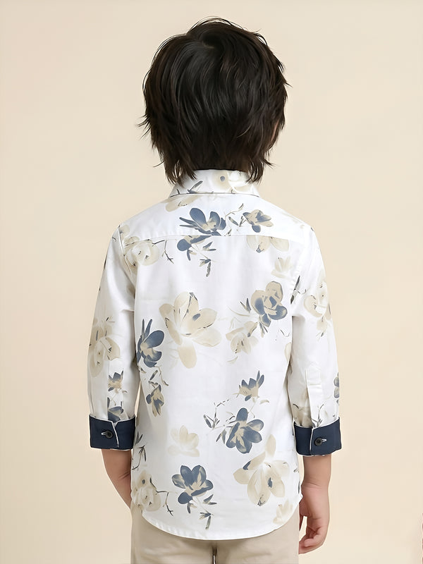 Polka Tots Full Sleeve Shirt yellow Blue Floral Print - White
