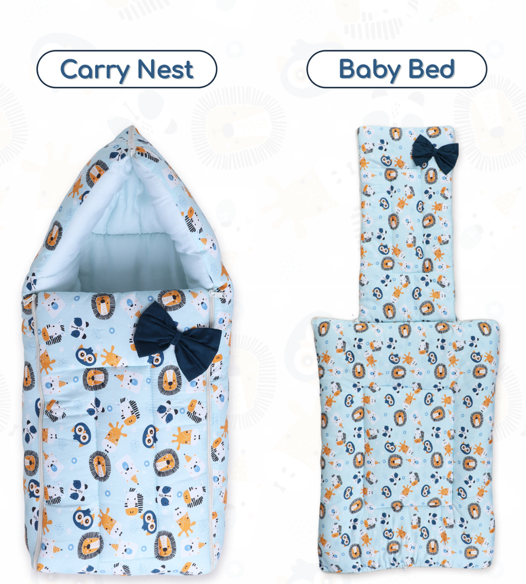 Polka Tots Baby Sleeping Nest Cotton Carry Pod Bedding for Newborn Sleeping Bag with a Bow - Lion print Blue