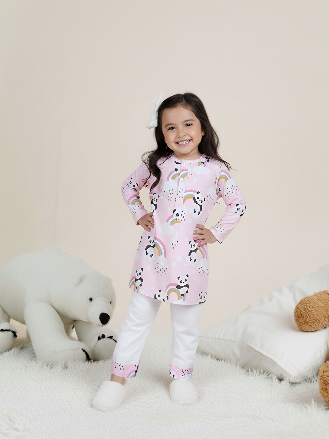 Polka Tots Panda Rainbow Print Full sleeves Nightwear Kurta pyjama set - Pink