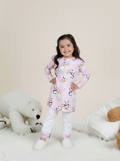 Polka Tots Panda Rainbow Print Full sleeves Nightwear Kurta pyjama set - Pink