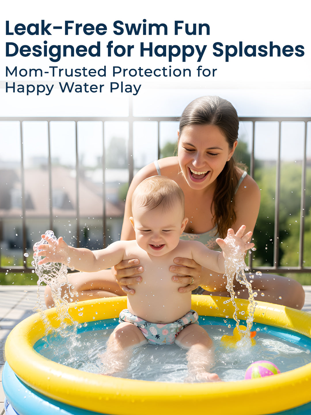 Woman and child playing in a small inflatable pool with text about leak-free swim fun and happy water play.
