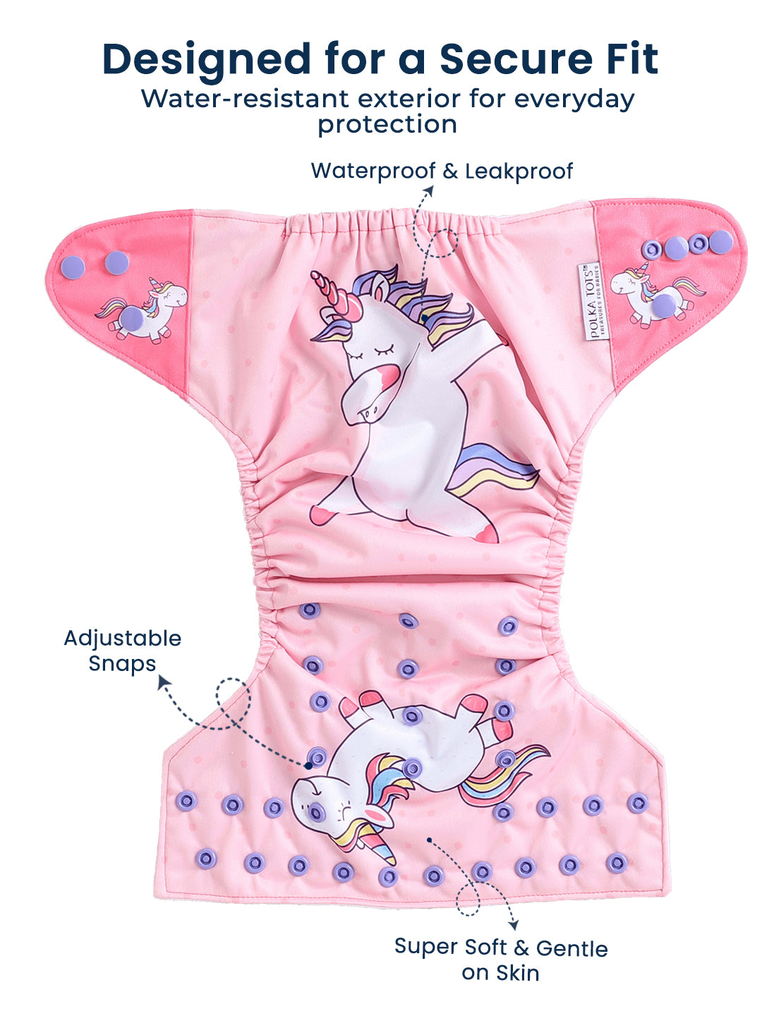 Pink diaper with unicorn design on a white background, featuring text about its features.