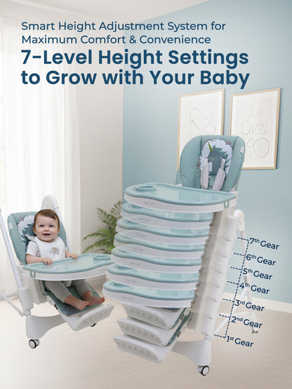 Height-adjustable baby high chair with 7-level height settings in a home setting.