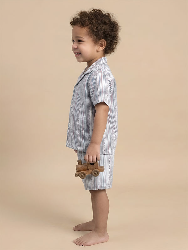 Polka Tots Cotton Half Sleeves Stripes print Co-ords - Blue