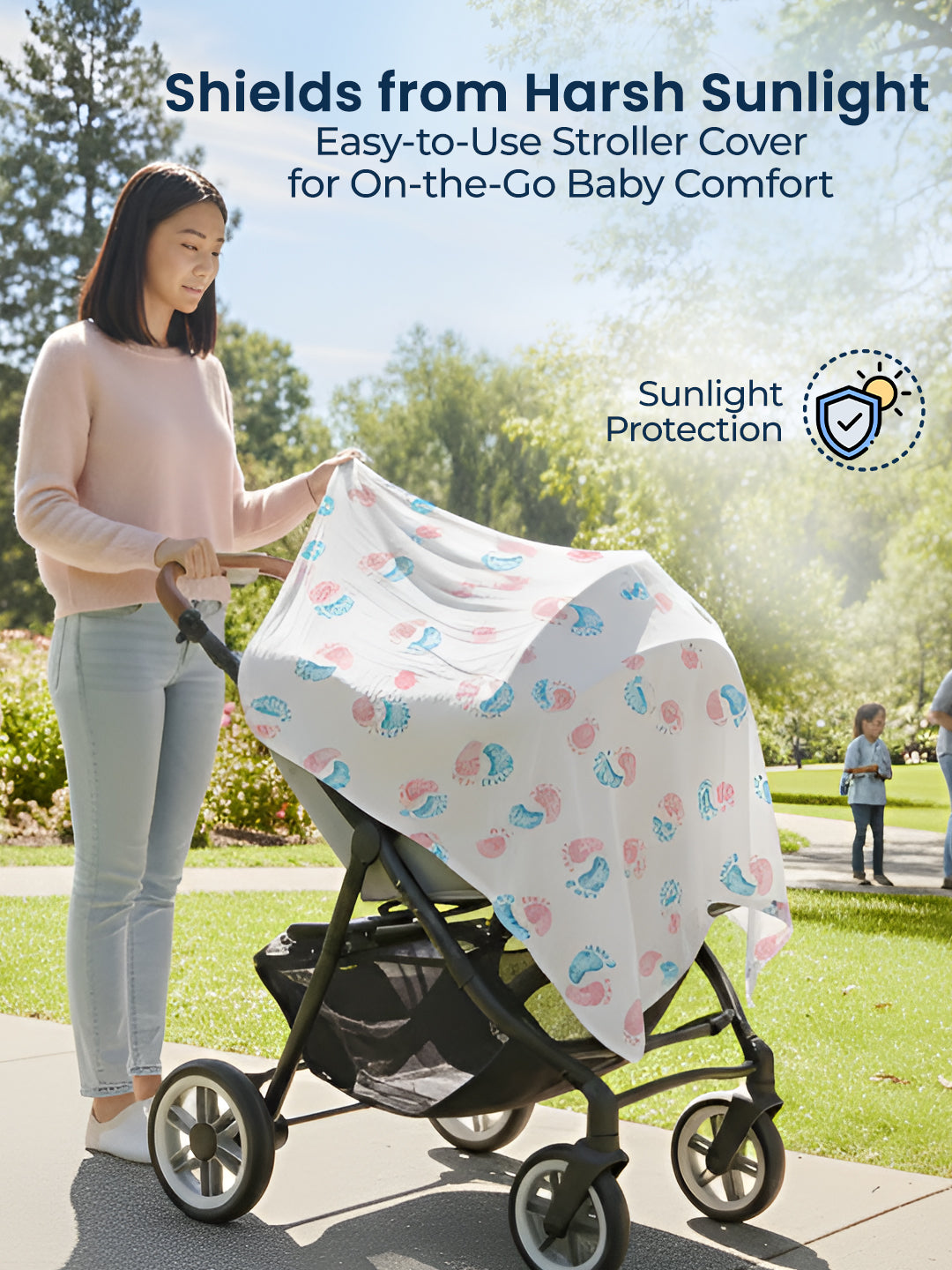 Baby sleeping under a colorful blanket with text about comfort and sleep quality.