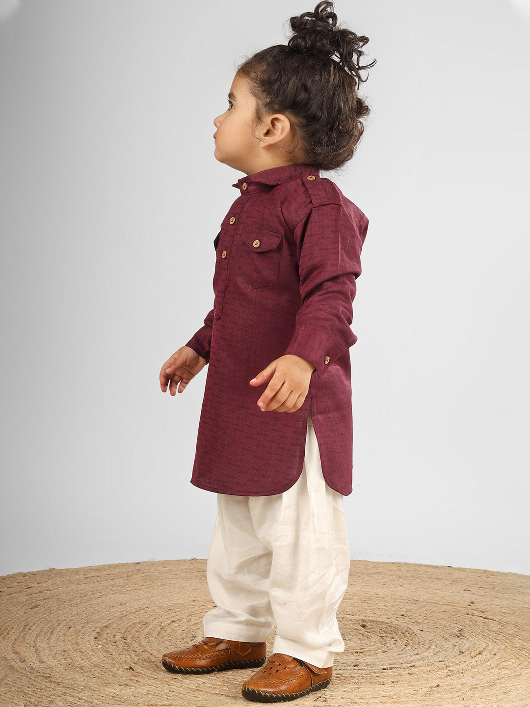 Polka Tots Full Sleeves Pathani Set - Maroon