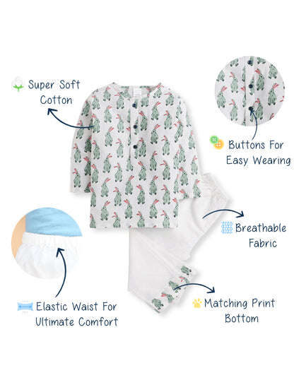 Polka Tots Rabbit print Full sleeves Nightwear Kurta pyjama set - White