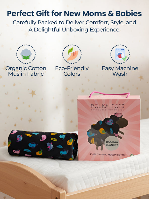 Polka Tots Organic Muslin Cotton two Layer Blanket SuperSoft Size 110 x 110 CM (Bird)