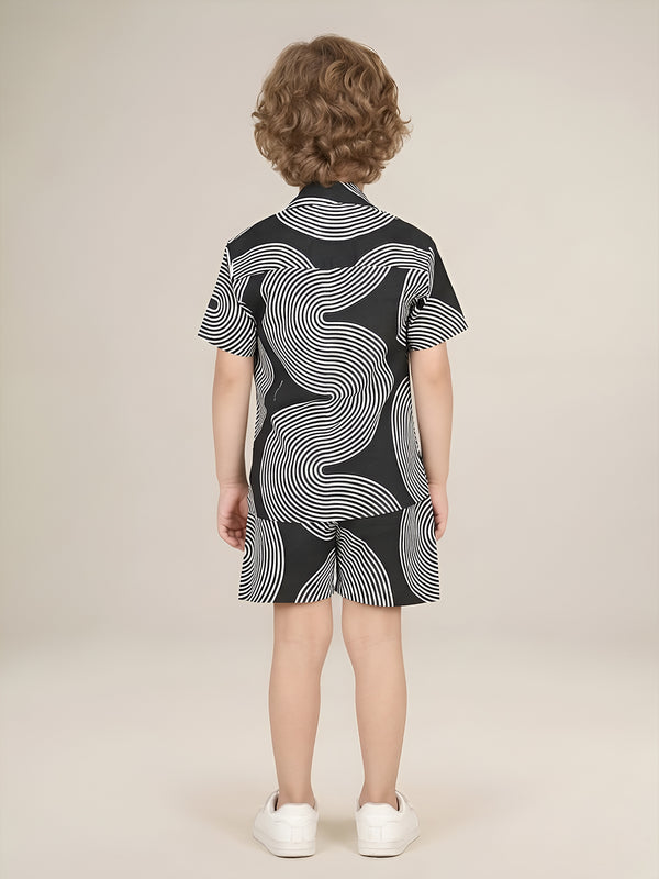 Polka Tots Half Sleeves Geometric print Co-ords - Black