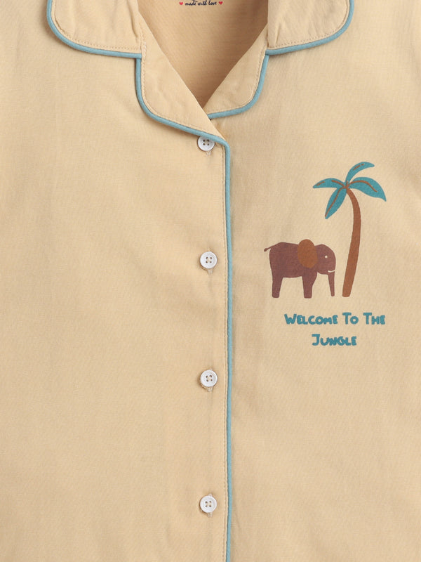 Polka Tots Half sleeves Jungle Club Print Night Suit - Multicolour