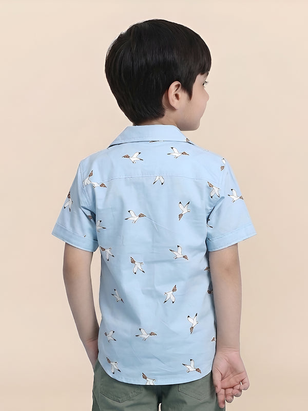 Polka Tots Half Sleeves Birds print Kids Shirt - Blue