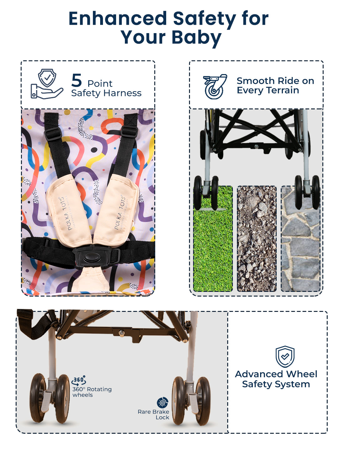 Baby stroller with safety harness and features highlighted on a white background