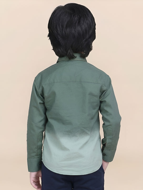 Polka Tots Full Sleeves Cotton Ombre Effect Shirt - Green