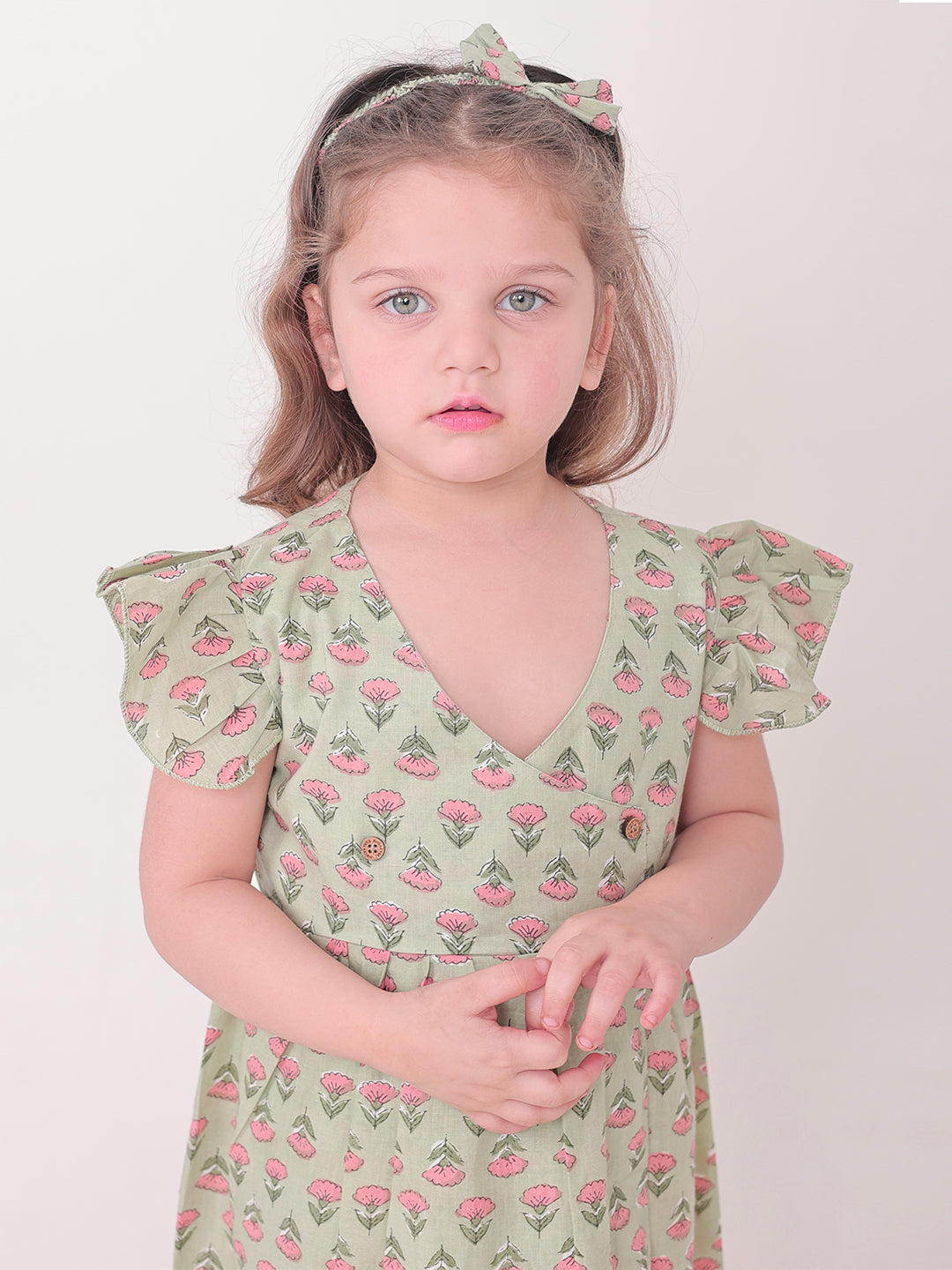 Polka Tots Half sleeve Floral print Frock with Headband - Green