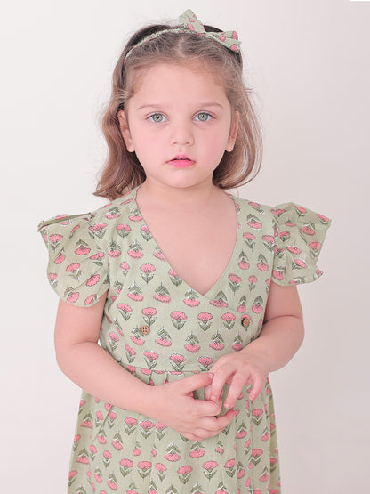 Polka Tots Half sleeve Floral print Frock with Headband - Green