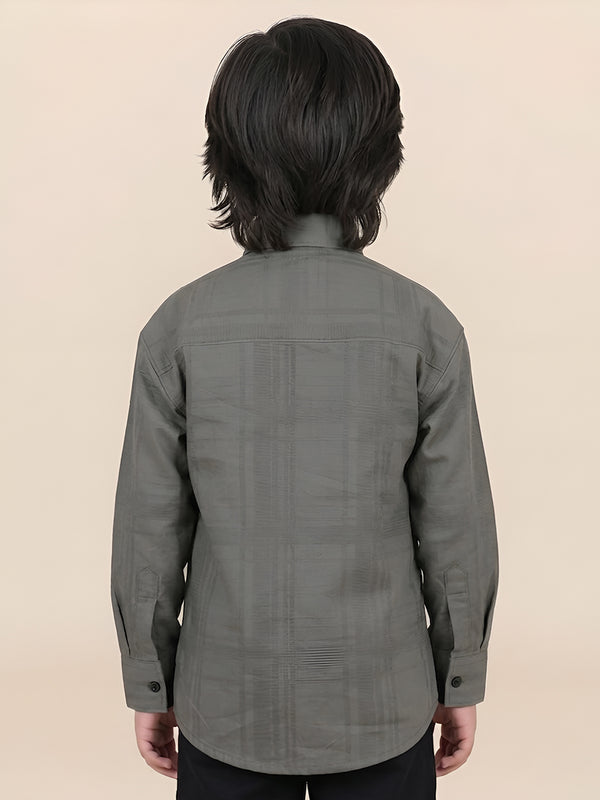 Polka Tots Full Sleeves  Cotton self textured Shirt with Tie - Green