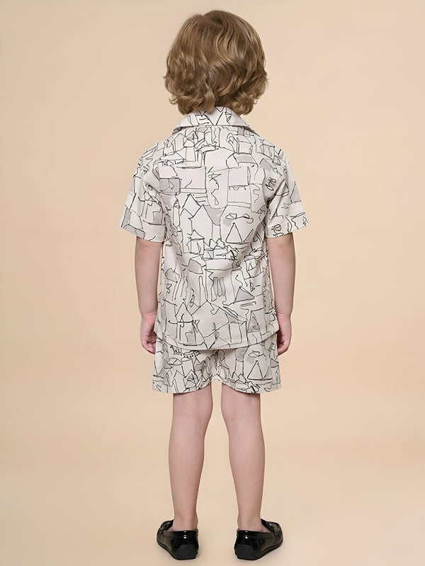 Polka Tots Half Sleeves Abstract print co-ord set - Cream