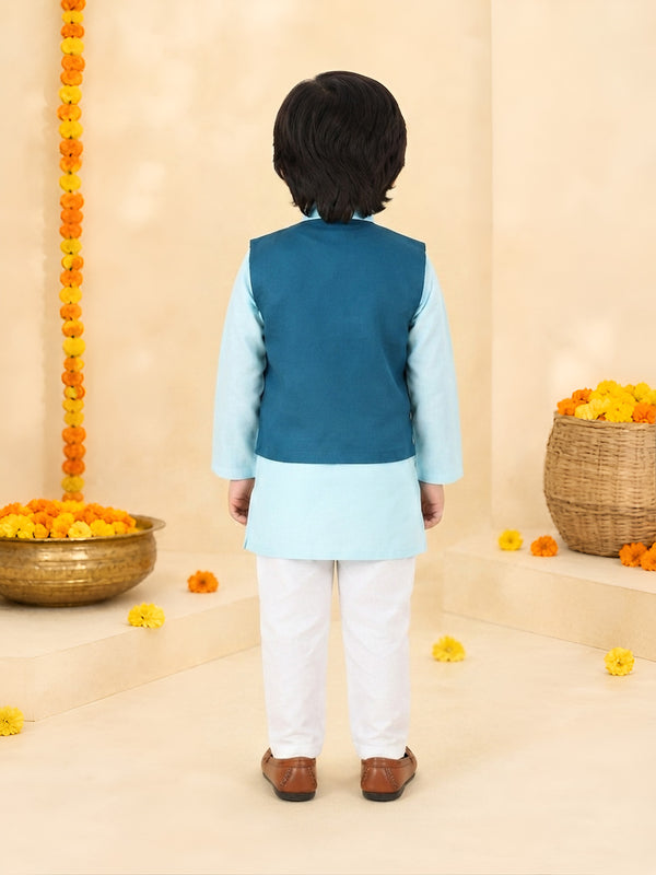Polka Tots Full sleeves Birds Embroidery Koti Kurta Pyjama - Blue