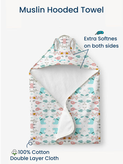 Polka Tots 100% Soft Muslin Cotton 2-Layer Hooded Baby Towel with Ear Appliqué - Bloomy Bear Print