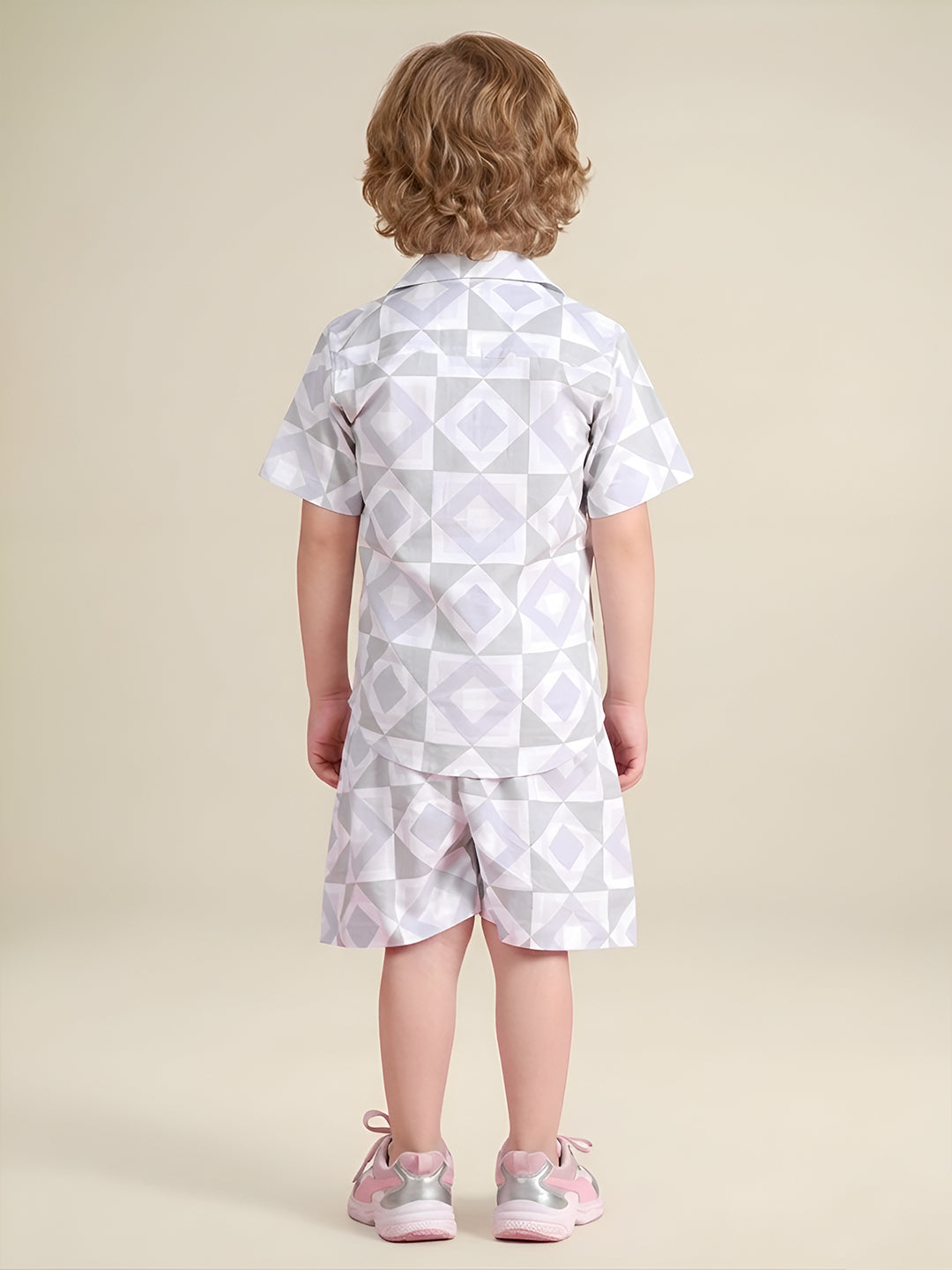 Polka Tots Half Sleeves Geometric print Co-ord Shorts - Grey