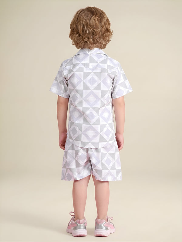 Polka Tots Half Sleeves Geometric print Co-ord Shorts - Grey