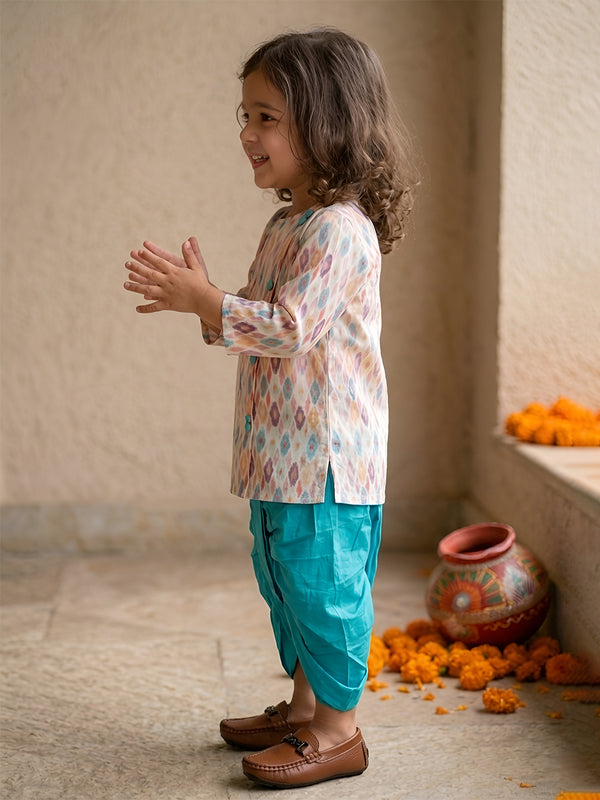 Polka Tots Full Sleeve Abstract print Angrakha With Dhoti - Turquoise Blue