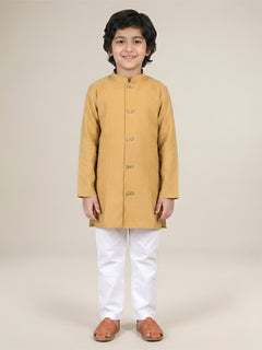 Polka Tots Full Sleeve Boys Geometric Buta Weave Ethnic Kurta Pyjama Set with Wooden Buttons - Mustard Yellow