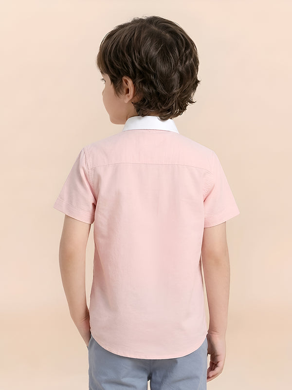 Polka Tots Half Sleeves Plain Shirt With Dual Bow Tie - Pink